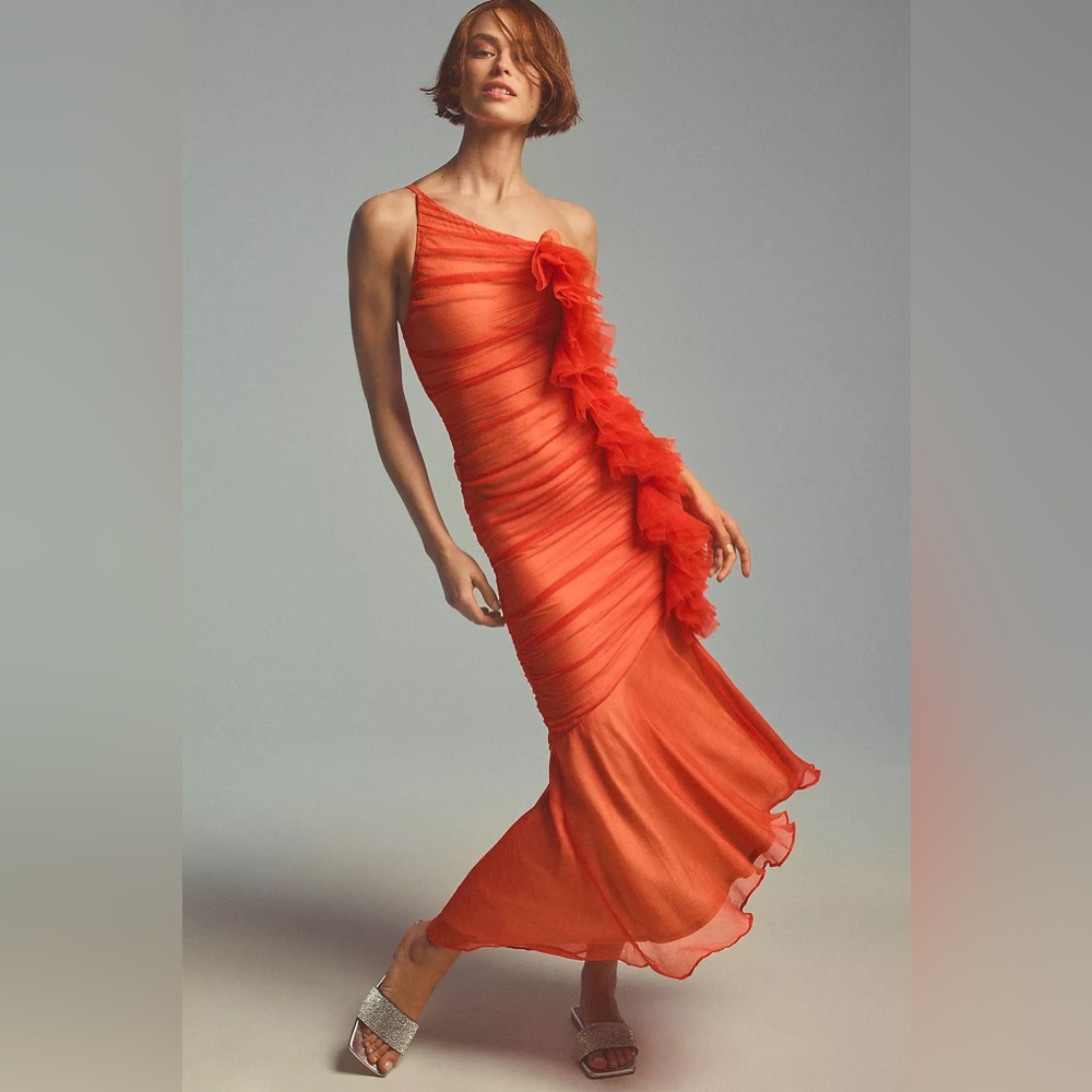 Anthropologie Vineet Bahl Ruched One-Shoulder Dress Orange/Red Ruffled formal